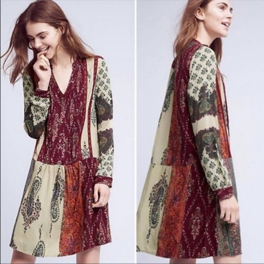 ANTHROPOLOGIE by TINY Boho Peasant Patchwork Gwen Drop Waist Shirt Dress Size XS